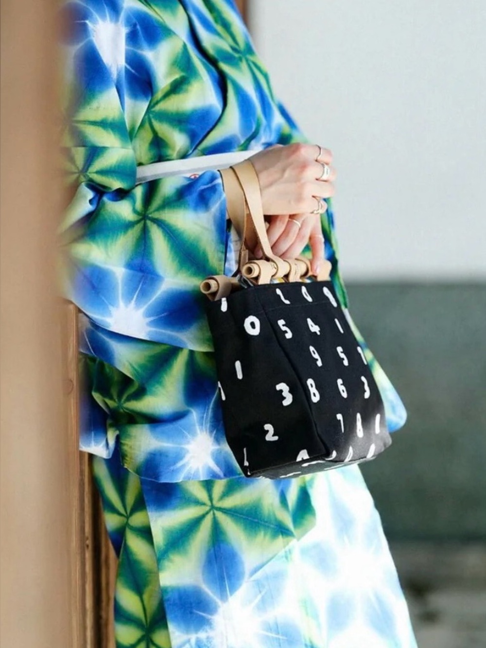 SOU SOU Black Numeric Print Mini Bag with Tan Leather Handles With Bamboo